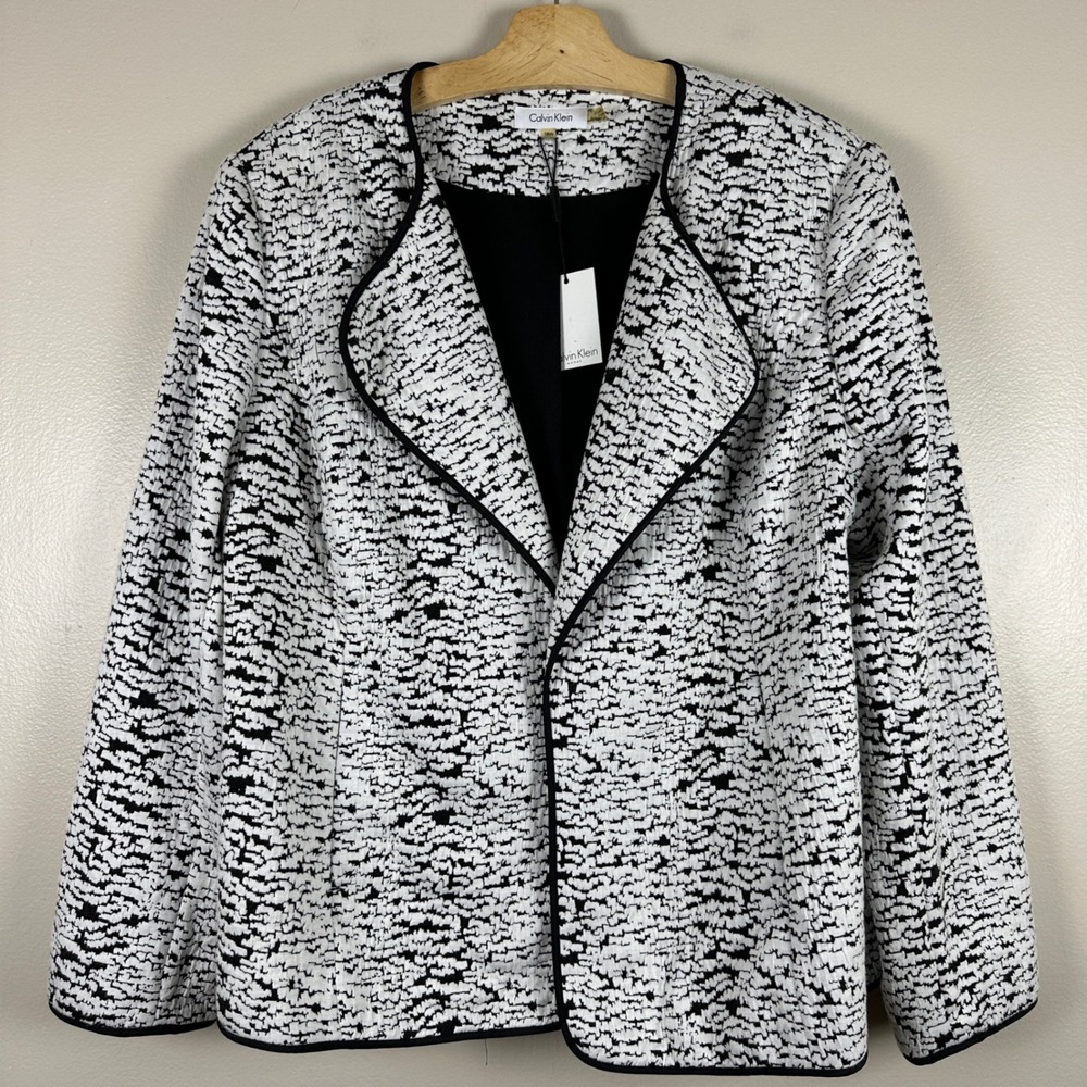 Calvin Klein Womens 18W Jacket Black White Textured Open Front Formal Office NEW